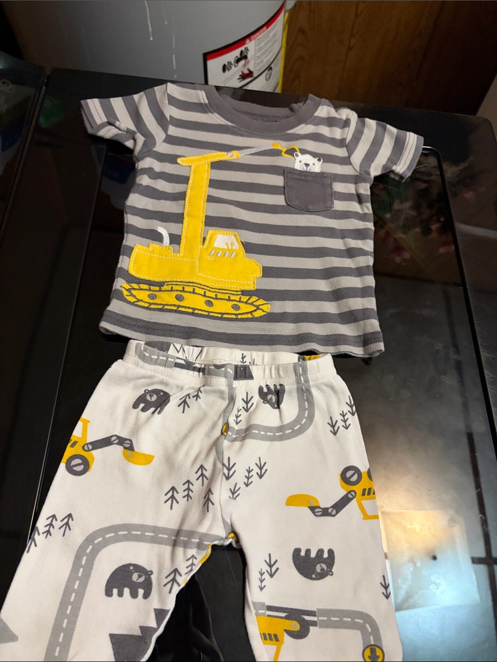 Carter's Gray & Yellow Striped Pajama Set with Excavator Applique